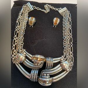Vintage CLB NYC collar style necklace 18” and earrings 1” silver tone crystals